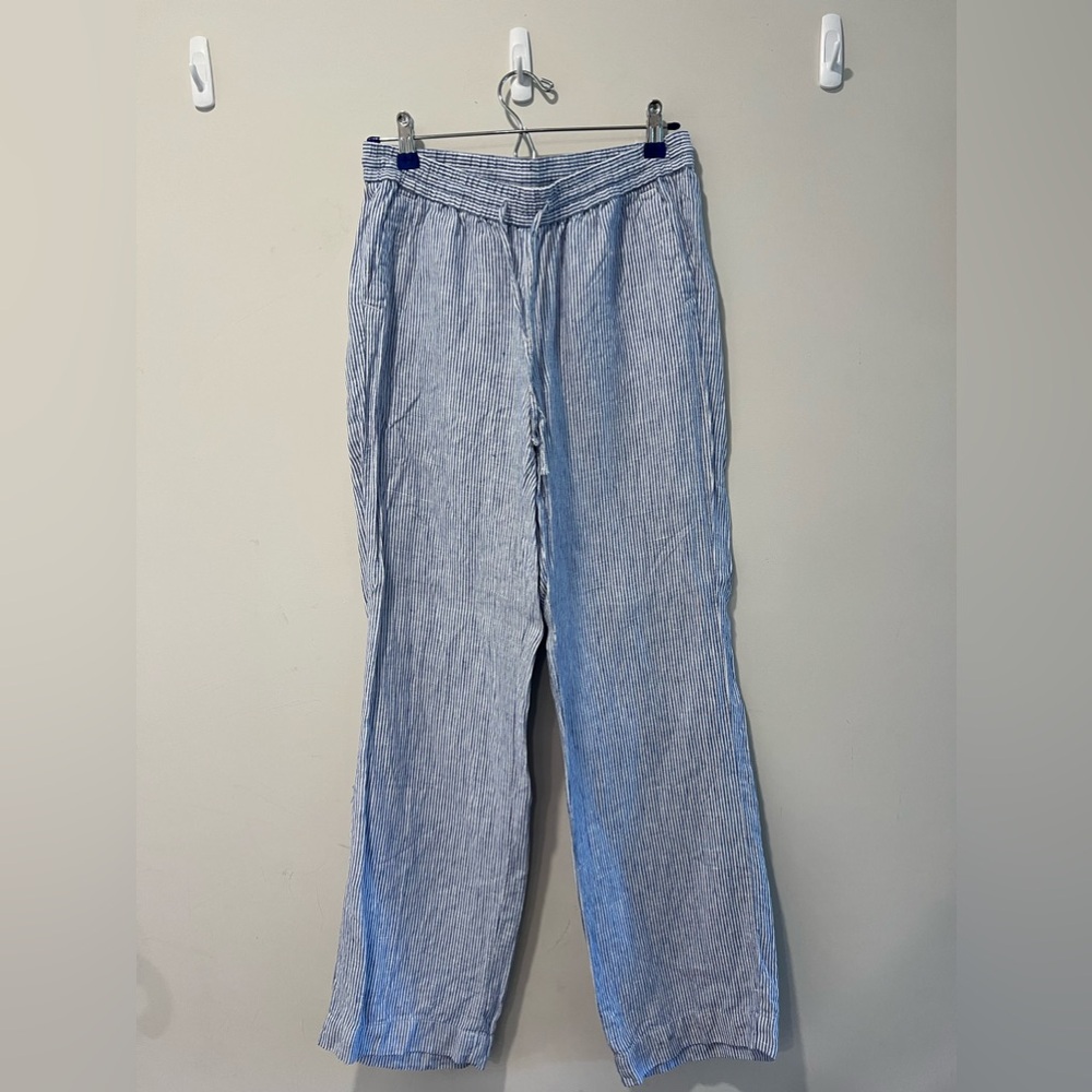 Talbots 100% Linen Wide Leg Pants Striped Navy White